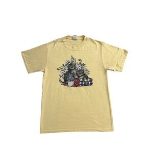 Jerzees Kitten Floral Graphic TShirt Unisex Medium Yellow Excellent Short Sleeve